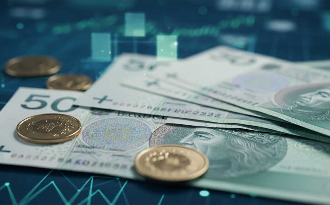 Polskie banknoty i monety są rozłożone na cyfrowym tle z wykresami finansowymi i wykresami, symbolizującymi finanse, gospodarkę lub handel walutami.